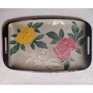 Vintage Plastic Serving Tray Cabbage Roses Floral Vanity Tray